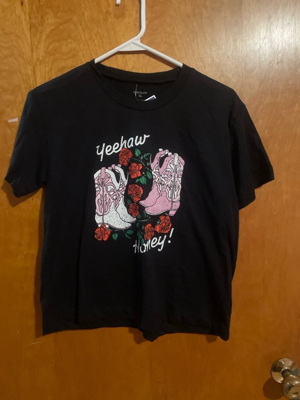 Yeehaw Honey! Black Graphic Tee with Pink Boot Motif